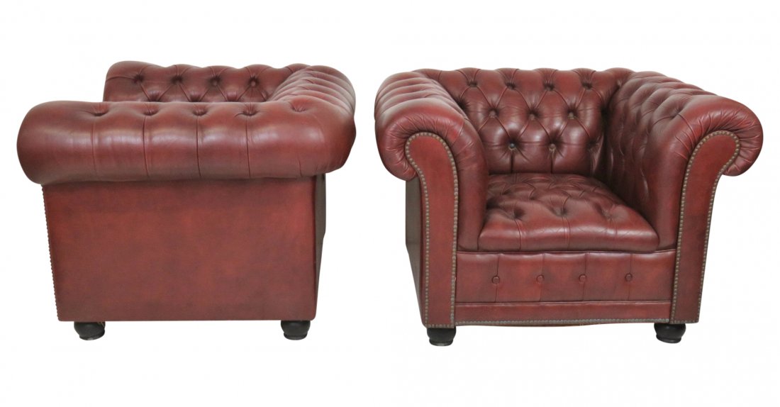Pair TUFTED LEATHER CHESTERFIELD LOUNGE CHAIRS (1 of 4)