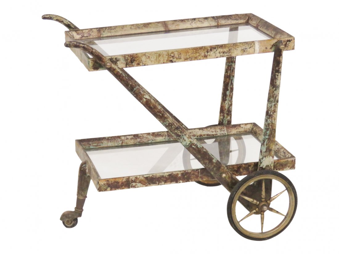 ALDO TURA STYLE GOATSKIN BAR CART: Two glass shelves. 25"h. x 26 1/4"w. x 14"d.