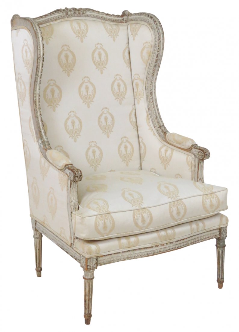 LOUIS XVI STYLE DISTRESSED PAINTED WING CHAIR (1 of 5)