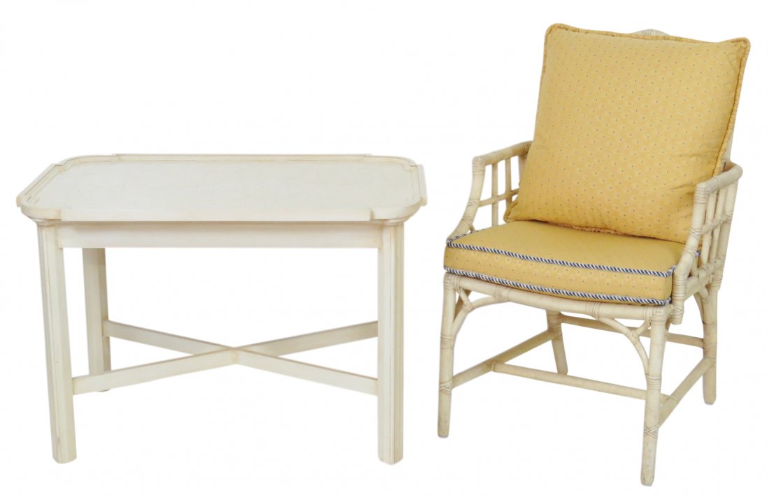 DISTRESSED CREAM PAINTED LOUNGE CHAIR & TABLE (1 of 4)