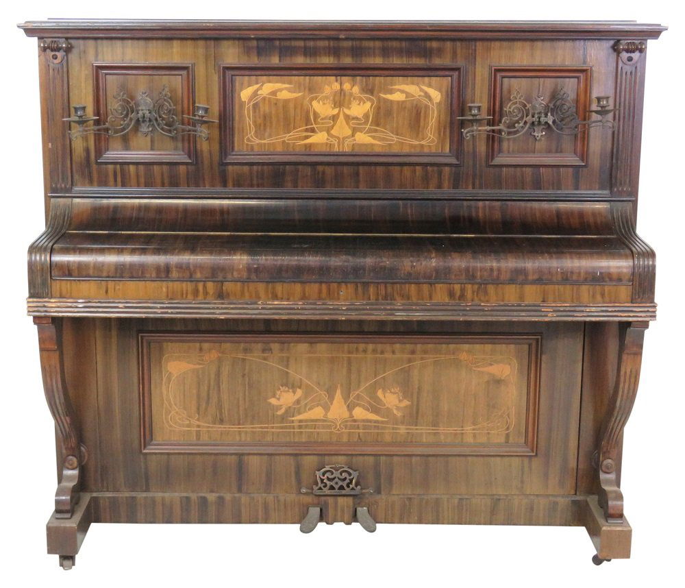 19th c. WALNUT SATIN INLAID UPRIGHT PIANO (1 of 10)