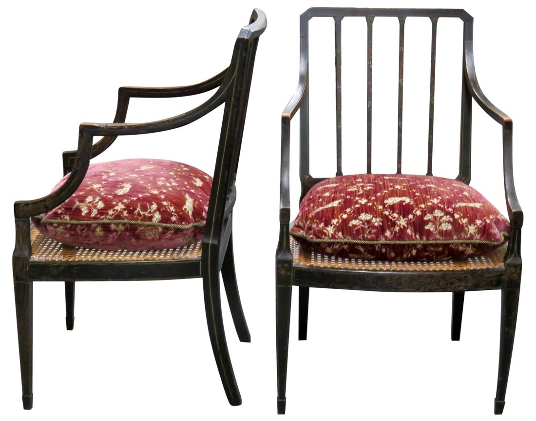 Pair ADAMS STYLE EBONIZED & CANED ARMCHAIRS (1 of 6)