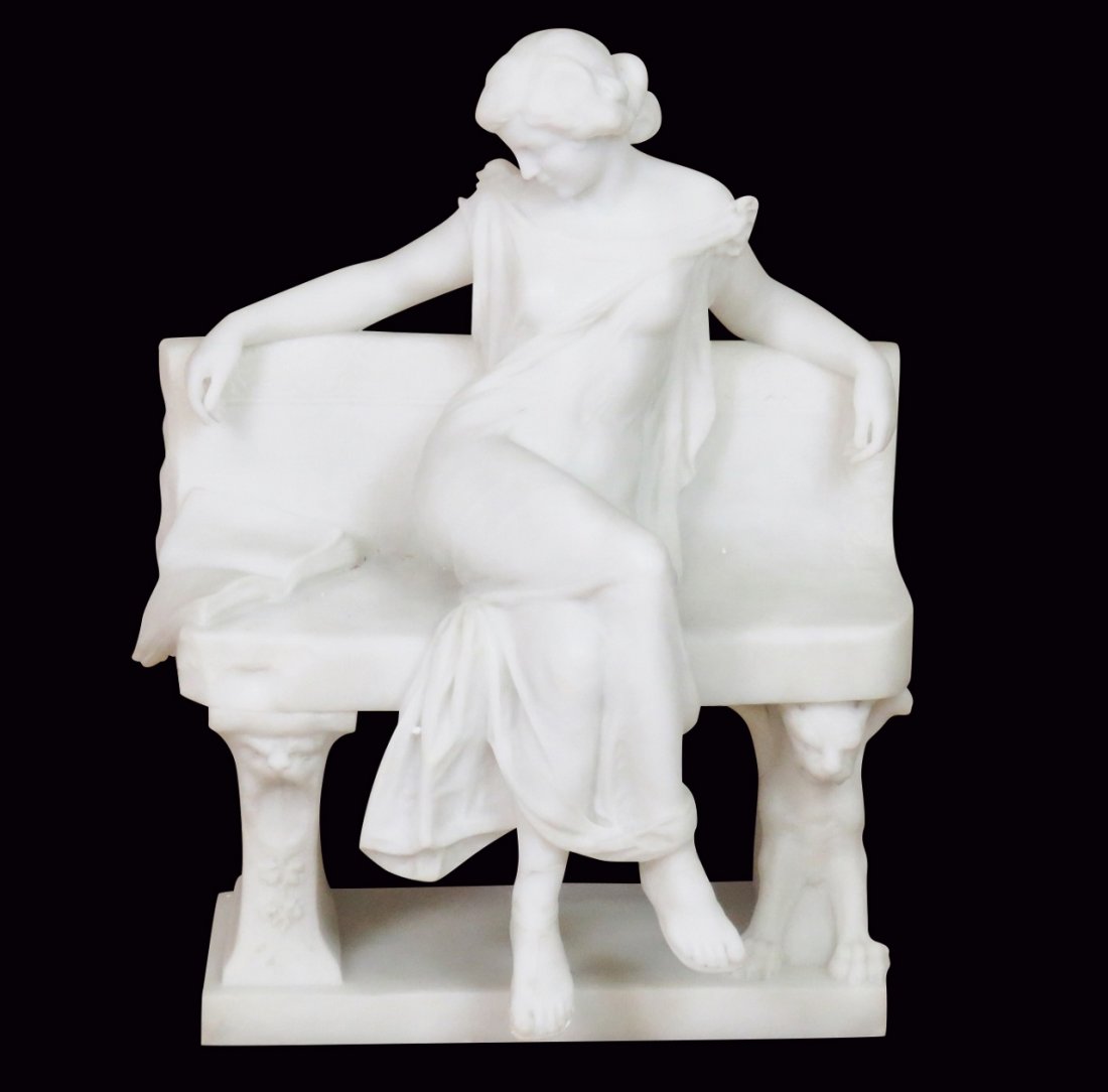A. FRILLI FIRENZE MARBLE STATUE of ROMAN LADY on BENCH (1 of 7)