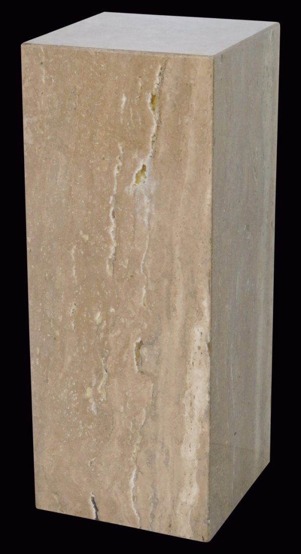 TRAVERTINE MARBLE PEDESTAL: Travertine marble. 30"h. x 12"sq.