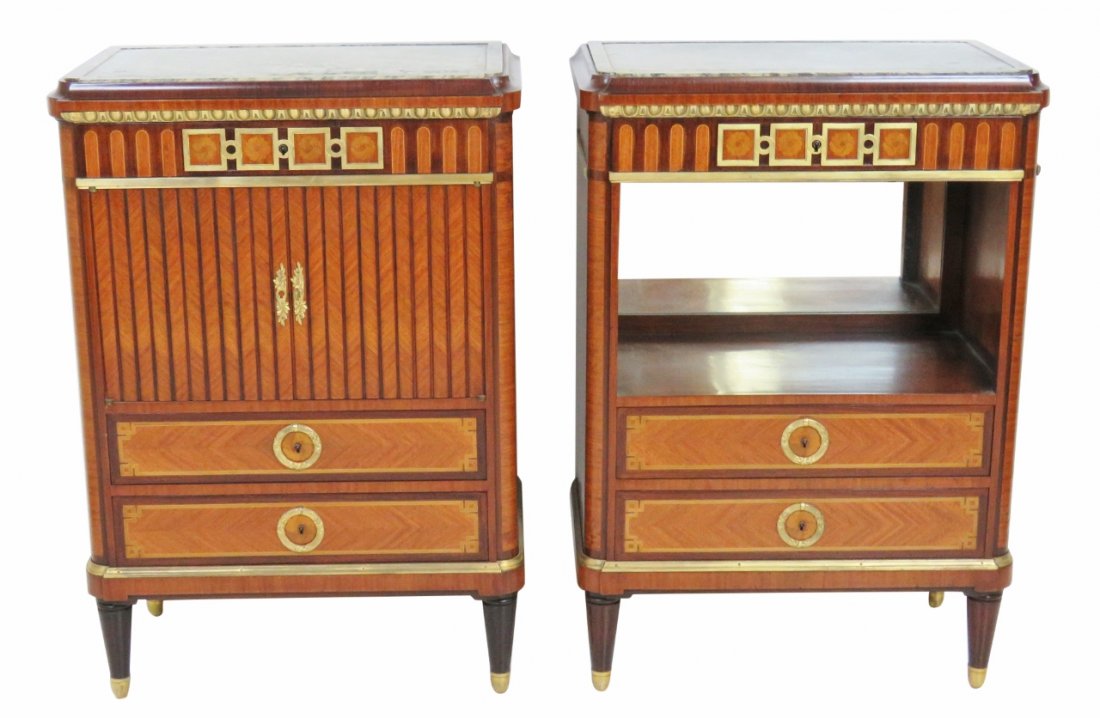 Pair KRIEGER LOUIS XVI  STYLE INLAID MARBLETOP COMMODES (1 of 7)