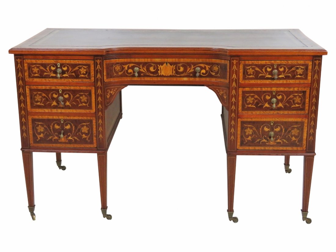 EDWARD & ROBERTS  EDWARDIAN INLAID LEATHERTOP DESK (1 of 7)