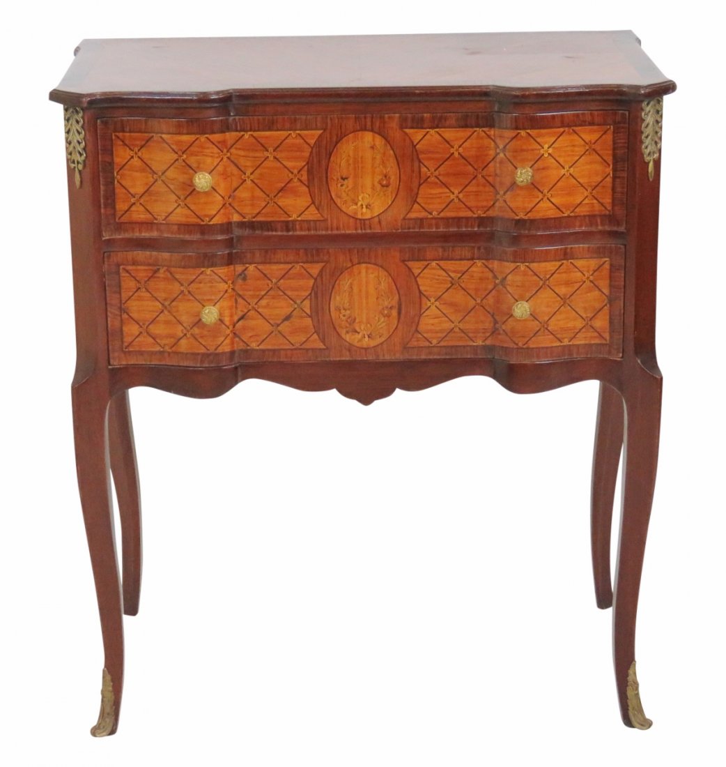 FRENCH INLAID BANDED COMMODE: Banded w/ floral inlay. Brass mounts. 31"h. x 37 3/4"w. x 15 1/2"d.