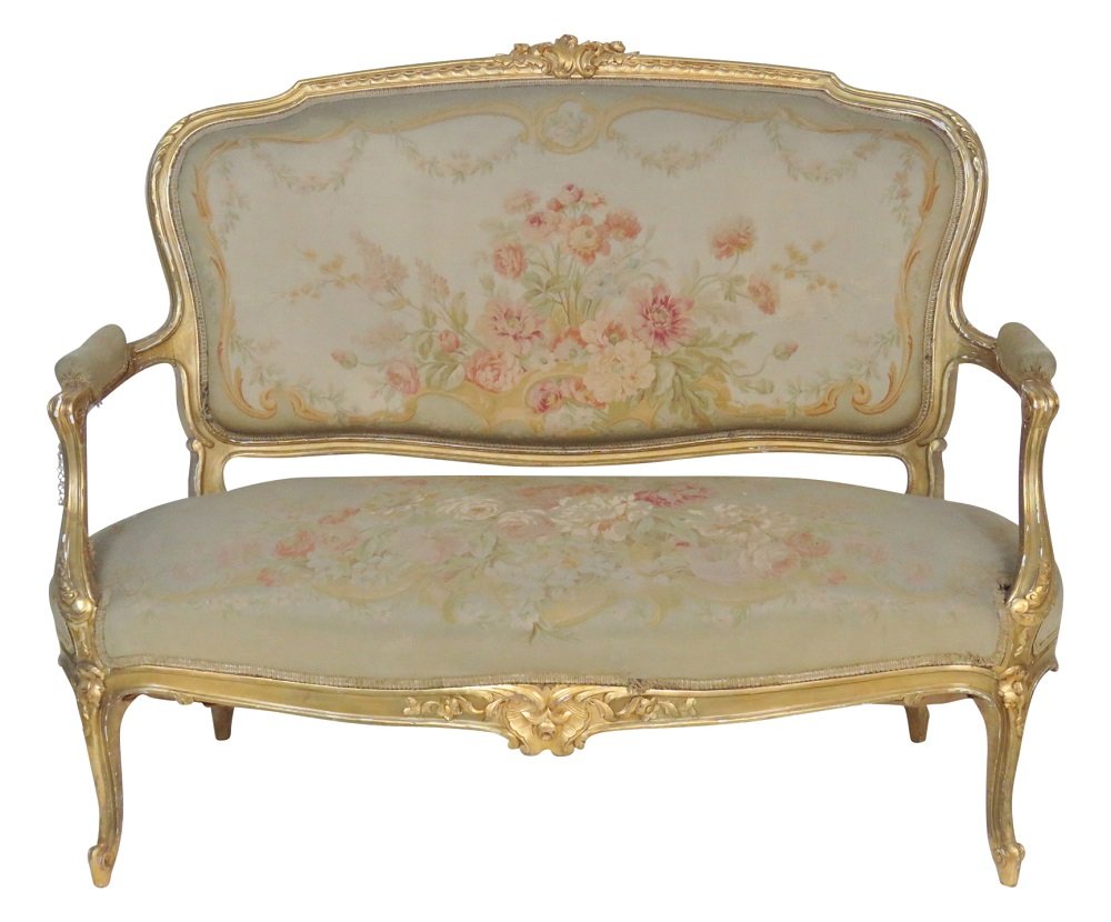 LOUIS XVI STYLE GILT CARVED AUBUSSON SETTEE: Gilt painted carved frame. Aubusson upholstery. 40"h. x 55"w. x 32"d.