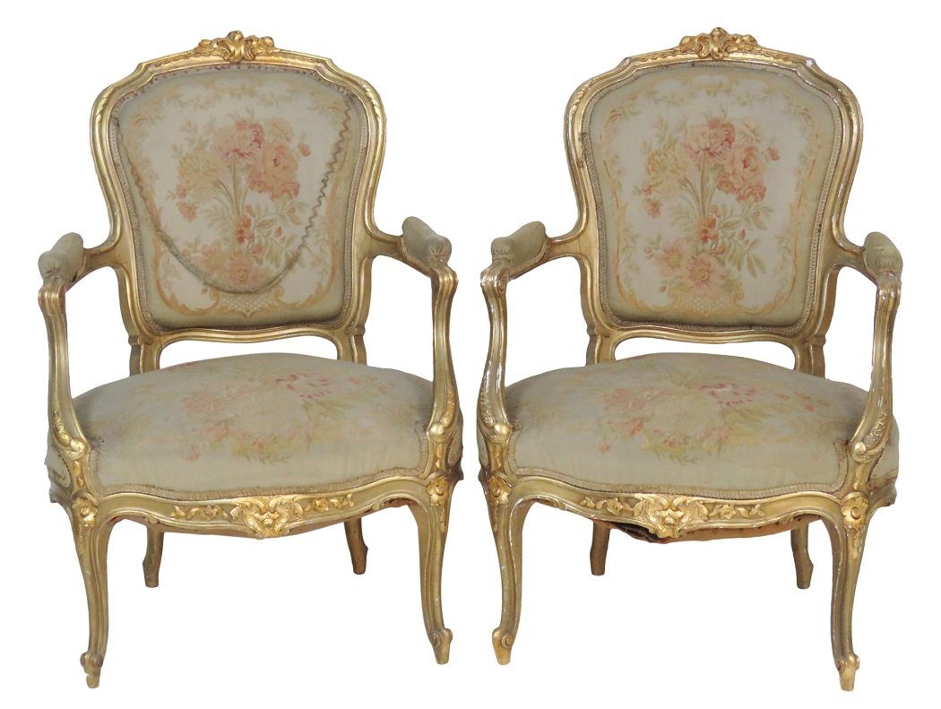 Pair LOUIS XVI STYLE GILT CARVED AUBUSSON FAUTEUILS: Gilt painted carved frame. Aubusson upholstery. 38"h. x 28"w. x 23"d.
