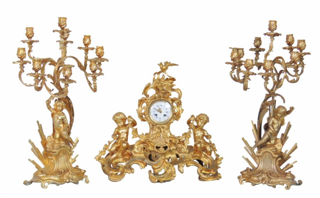 3 pc. GILT BRONZE CLOCK SET w/ PUTTIS (1 of 10)