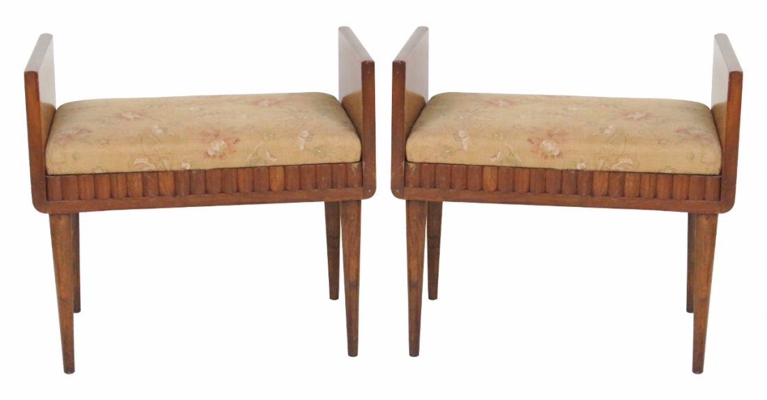 Pair DECO BURL WALNUT UPHOLSTERED STOOLS (1 of 3)