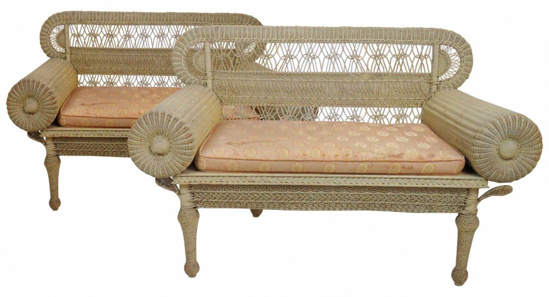 Pair WOVEN WICKER SETTEES: Beige painted wicker frame. 34 1/2"h. x 52"w. x 27"d.