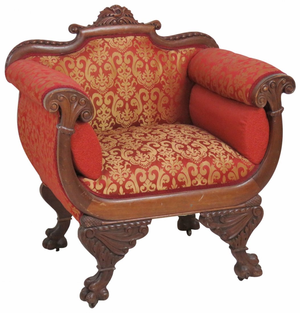 EMPIRE STYLE CARVED MAHOGANY UPHOLSTERED SETTEE (1 of 5)