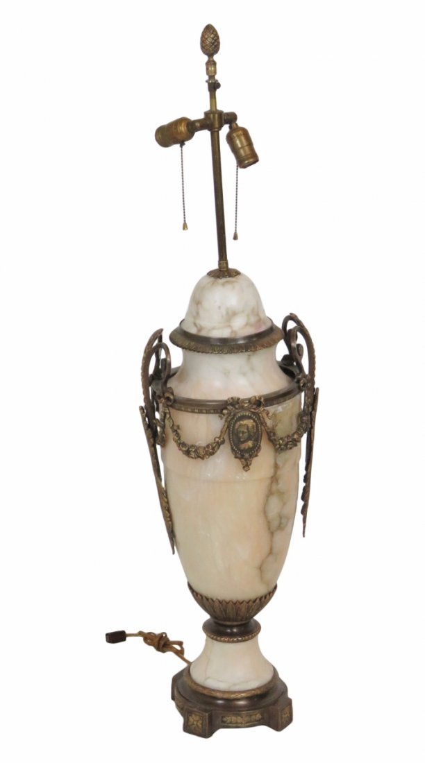 FRENCH STYLE BRONZE & ALABASTER LAMP: Alabaster with bronze mounts. 44"h. x 11"diam.
