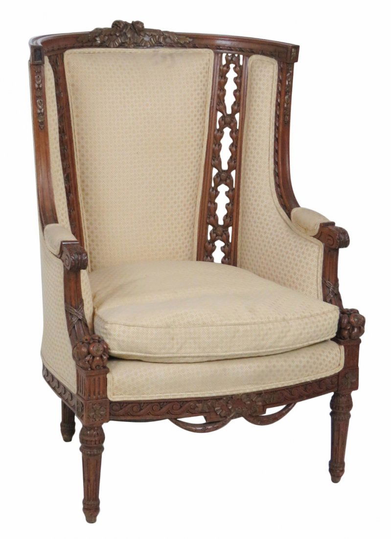 LOUIS XVI STYLE CARVED UPHOLSTERED BERGERE (1 of 9)