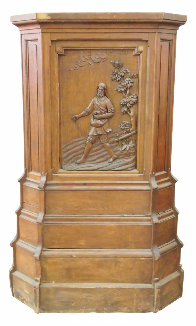 FIGURAL CARVED OAK PULPIT: 3-D oak carved with figures, birds, and landscapes. Pegged frame. 65"h. x 47"sq.