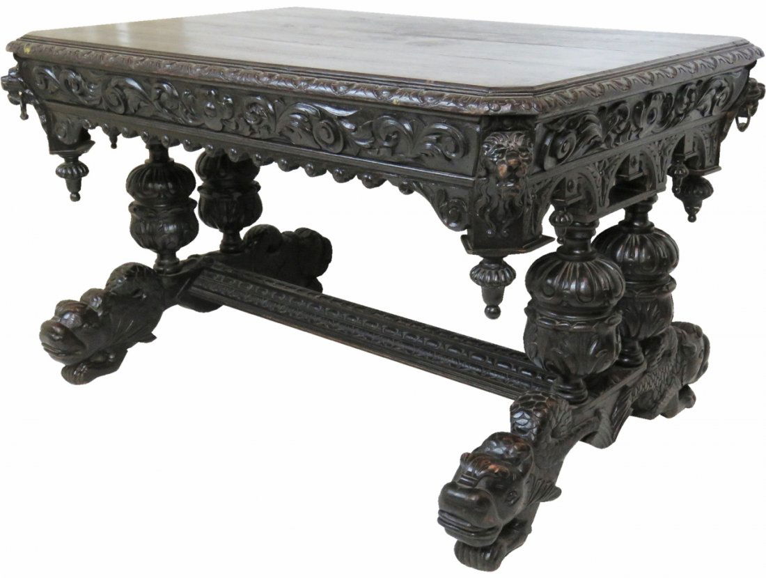 RENAISSANCE STYLE OAK CARVED LIBRARY TABLE (1 of 8)