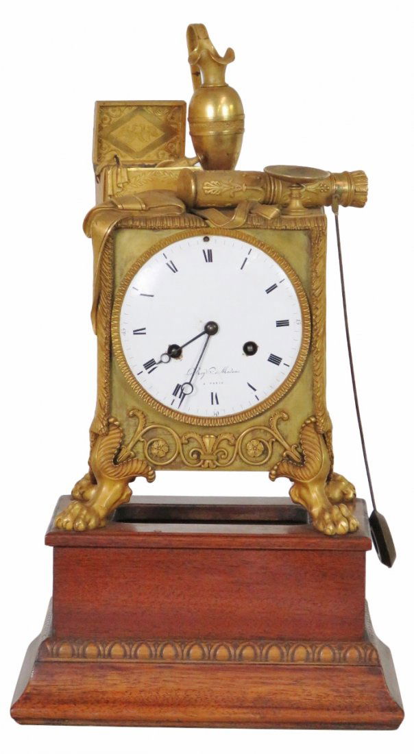 FRENCH EMPIRE BRONZE CLOCK on MAHOGANY BASE (1 of 8)