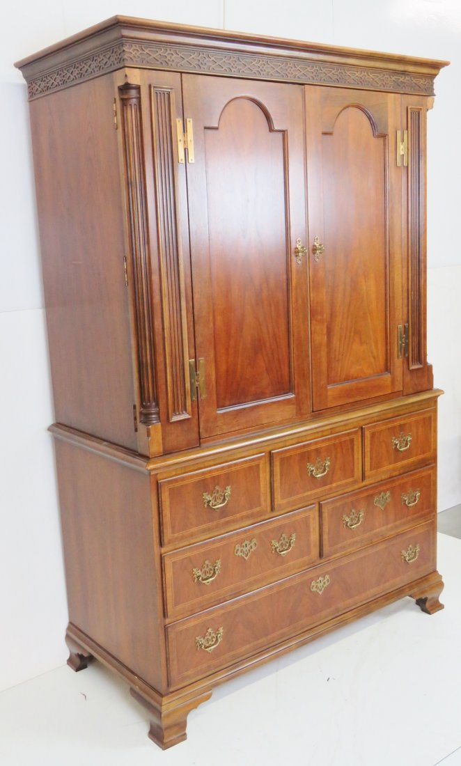BAKER INLAID ARMOIRE: Inlaid walnut. 77 1/4"h. x 50 1/2"w. x 24"d.