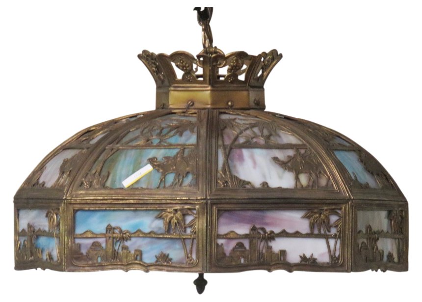 TIFFANY STYLE LEADED GLASS CHANDELIER: Multi colored leaded glass with landscape scenes. 19"h. x 25"diam.