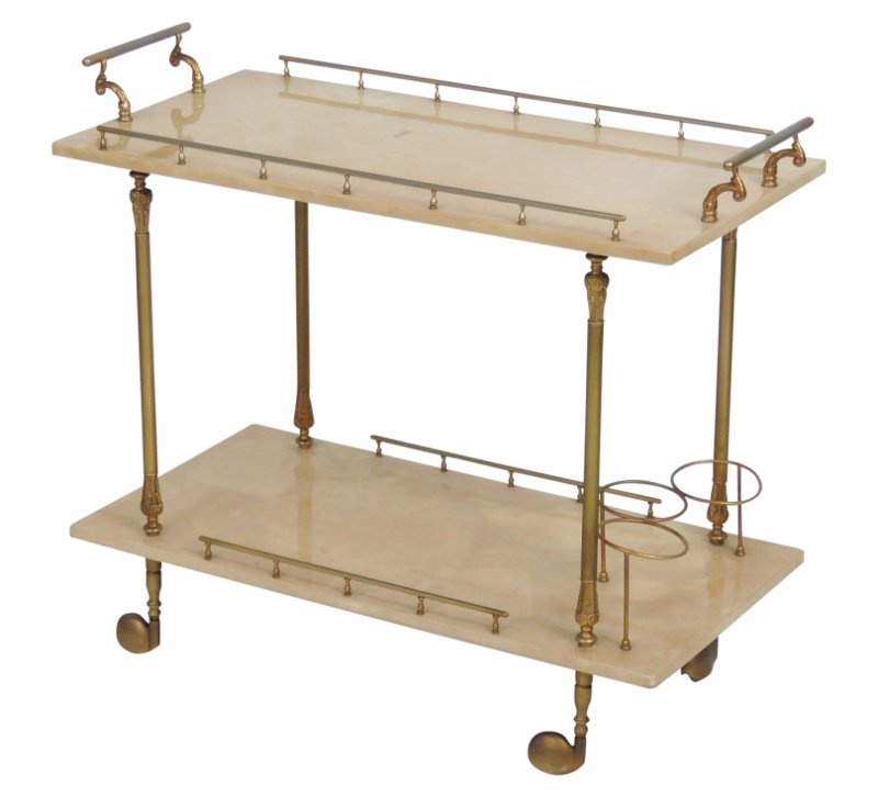 ALDO TURA BRASS & PARCHMENT BAR CART: Parchment shelves and brass plated metal. 29â€h. X 33 1/2â€w. X 16â€d.