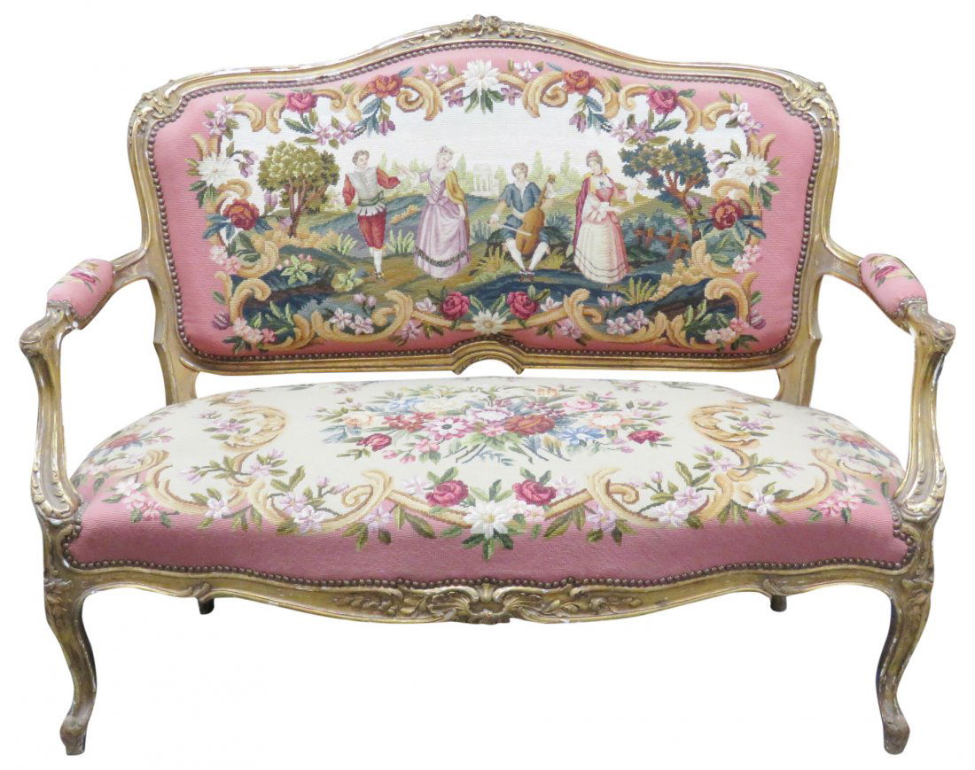 LOUIS XVI STYLE GILT NEEDLEPOINT SETTEE (1 of 6)