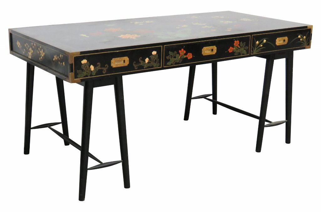 CHINOISERIE DECORATED EBONIZED SAWHORSE DESK (1 of 5)