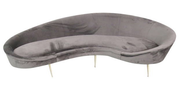 GIO PONTI STYLE  MODERN BRASS LEG SOFA: Grey velvet upholstery. Brass legs. 31"h. x 102"w. x 48"d.