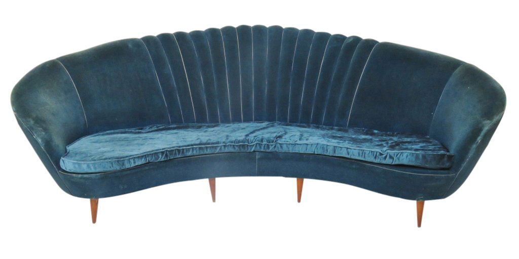 ITALIAN FEDERICO MUNARI STYLE FAN BACK SOFA: Turquoise velvet upholstery with eight wood legs. 35"h. X 98"w. x 46"d.