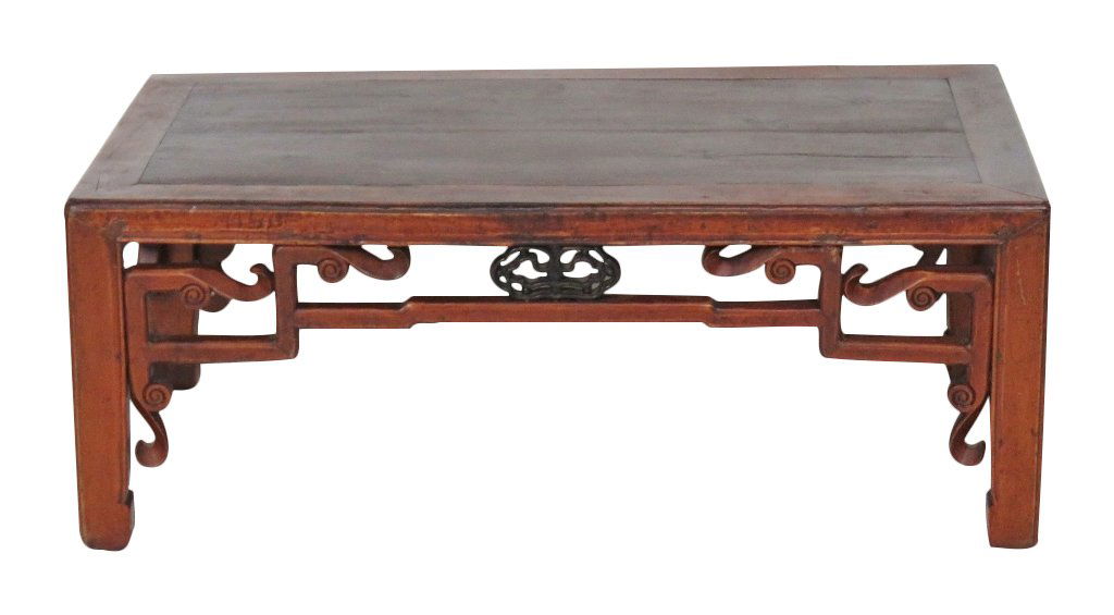 ASIAN STYLE PINE SLATTED COFFEE TABLE: Pine with Asian decoration. Slatted top. 13 1/2"h. x 35"w. x 13"d.