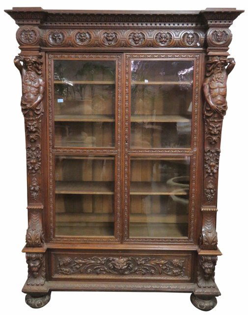 ANTIQUE CONTINENTAL FIGURAL CARVED BOOKCASE (1 of 6)