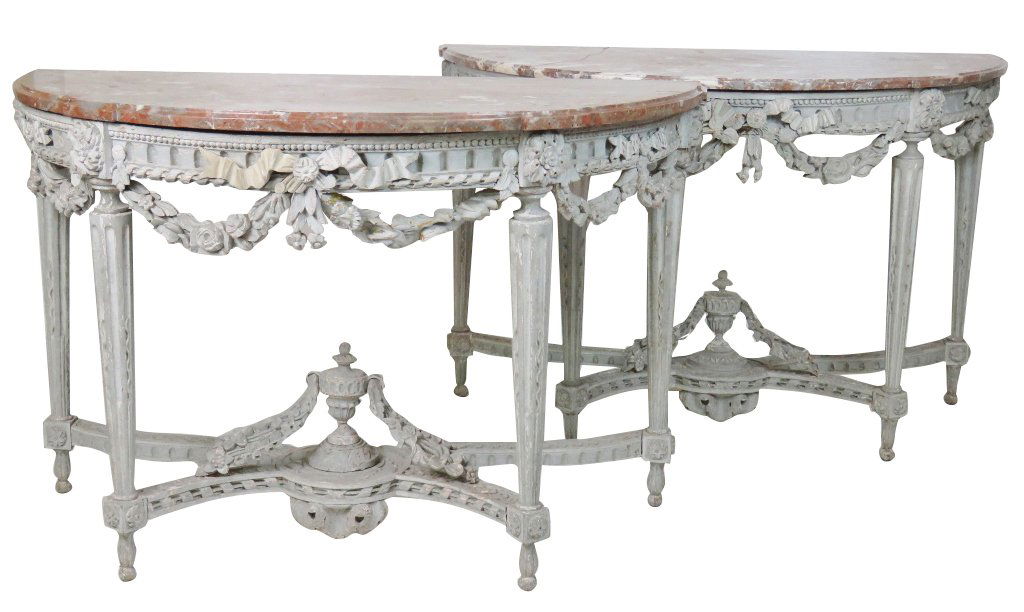 Pair LOUIS XVI STYLE PAINTED MARBLETOP DEMILUNE (1 of 8)