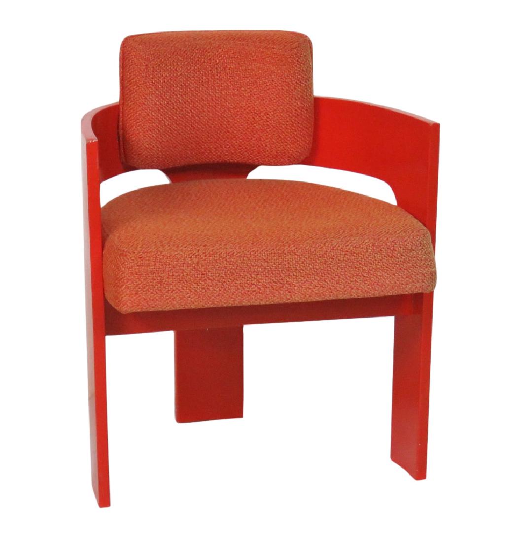 THAYER COGGIN MODERN DESIGN LOUNGE CHAIR: Red painted frame with red upholstered back and seat. 29"h. x 23"w. x 23"d.