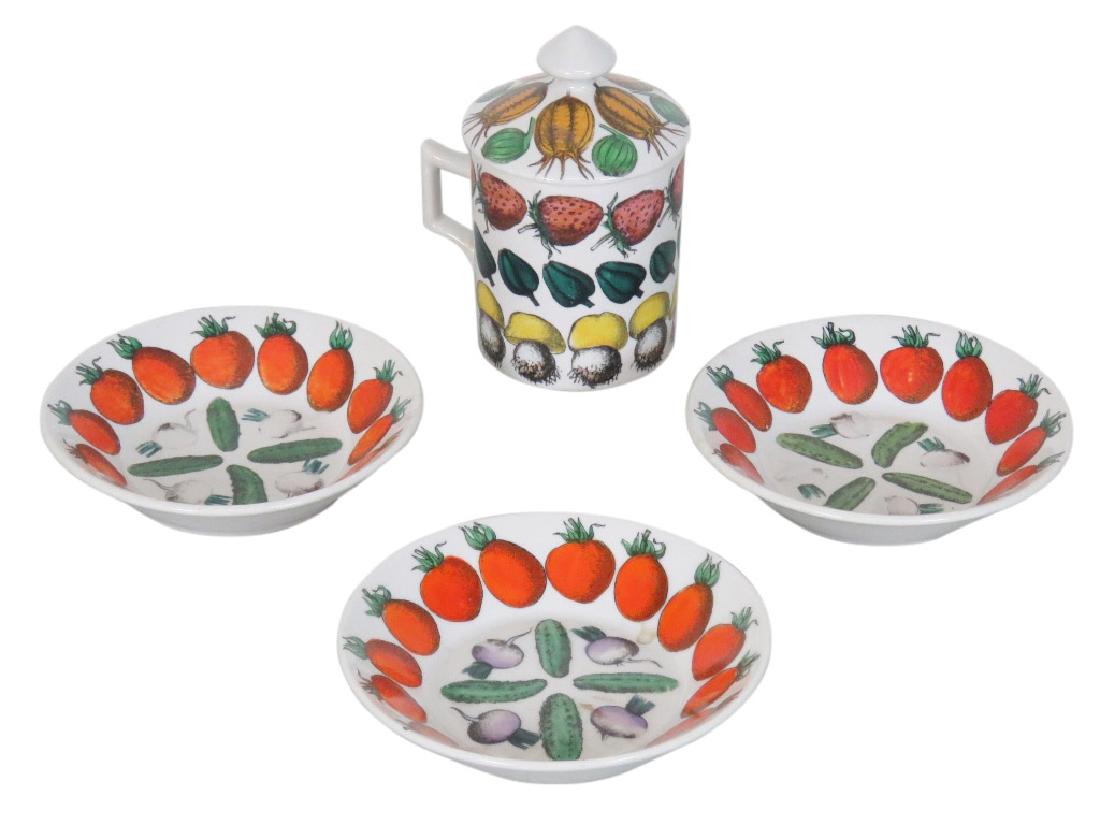 4 pc. FORNASETTI CERAMIC GIOSTRA DI FRUTTA SET: Set includes cup with lid, and three bowls. Marked Giostra Di Frutta, Milano, Fornasetti, Made in Italy.