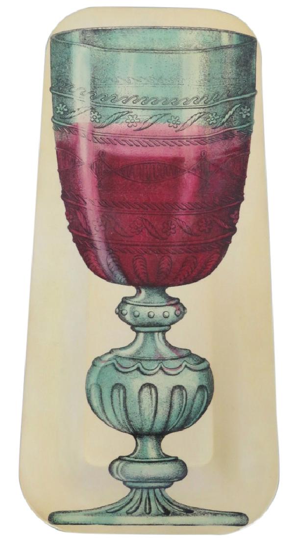 FORNASETTI DECORATIVE TRAY: Decorative tray with a glass of wine. 10"h. x 23"w.