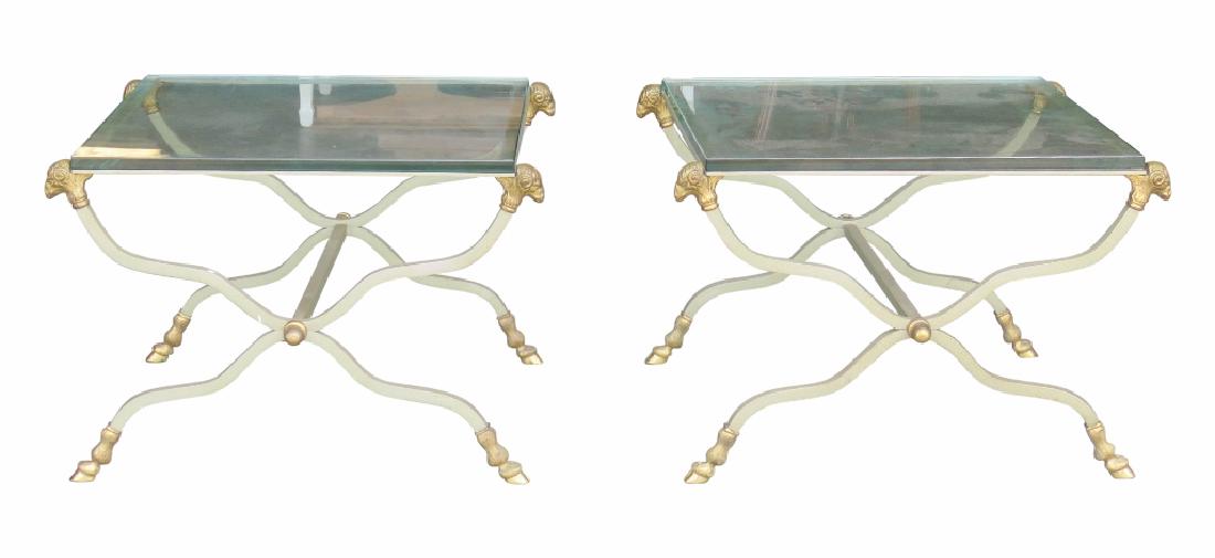 Pair CHROME GLASSTOP SIDE TABLES w/ RAM'S HEADS (1 of 5)