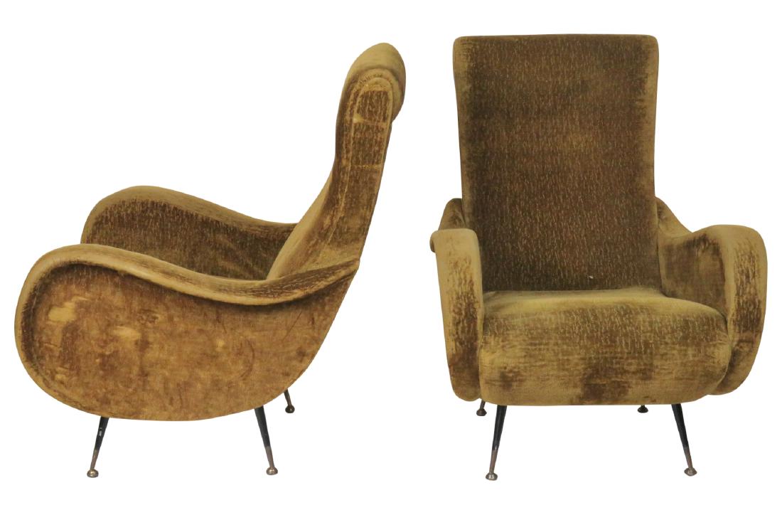 Pair ZANUSO STYLE METAL LEG LOUNGE CHAIRS: Brown upholstery with metal legs. 37 1/4"h. x 28 1/2"w. x 29 1/2"d.
