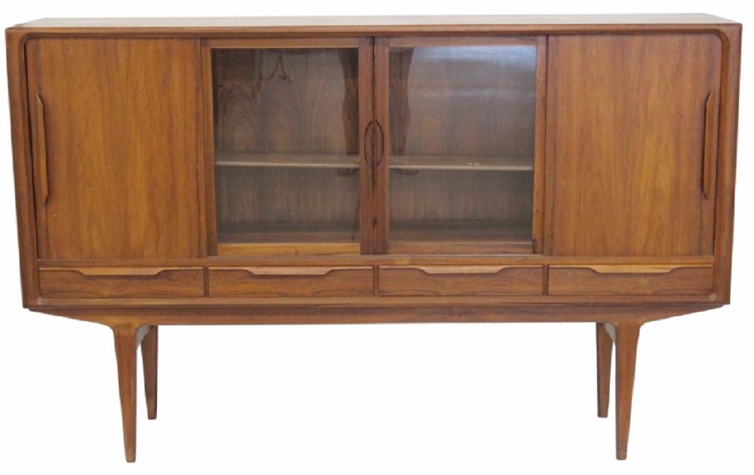 DANISH MODERN SLIDING DOOR SIDEBOARD BAR CABINET: 4 sliding doors and two with glass fronts. 47'h. x 75"w. x 17"d.