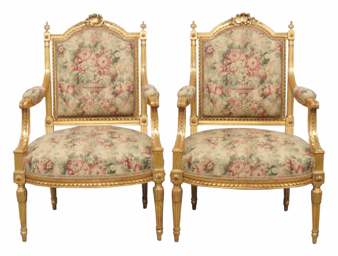 Pair 19th c. LOUIS XVI STYLE GILT PAINTED FAUTEUILS (1 of 4)