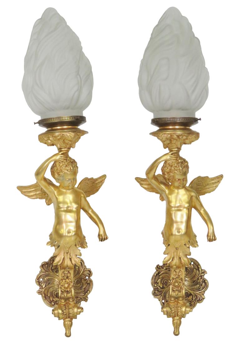 Pair LARGE FIGURAL GILT BRONZE CHERUB SCONCES (1 of 7)