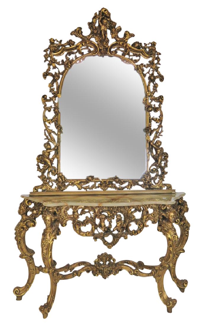 ITALIAN STYLE FIGURAL GILT CARVED CONSOLE & MIRROR (1 of 10)