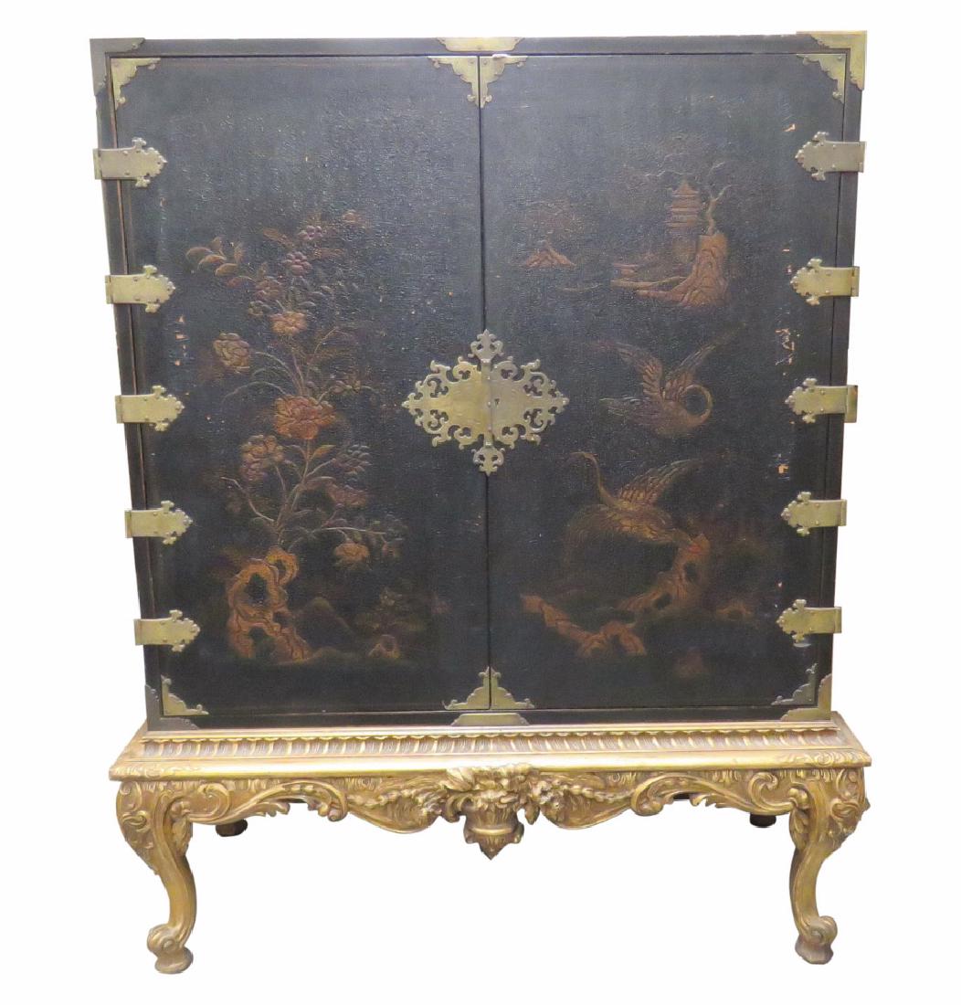 CHINOISERIE PAINT DECORATED GILT CARVED SILVER CABINET (1 of 8)