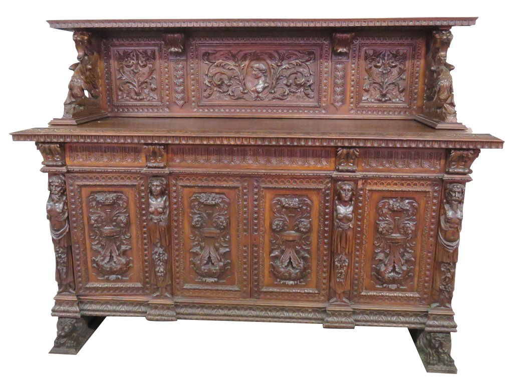 19th c. GRIFFIN CARVED FIGURAL WALNUT SIDEBOARD (1 of 9)