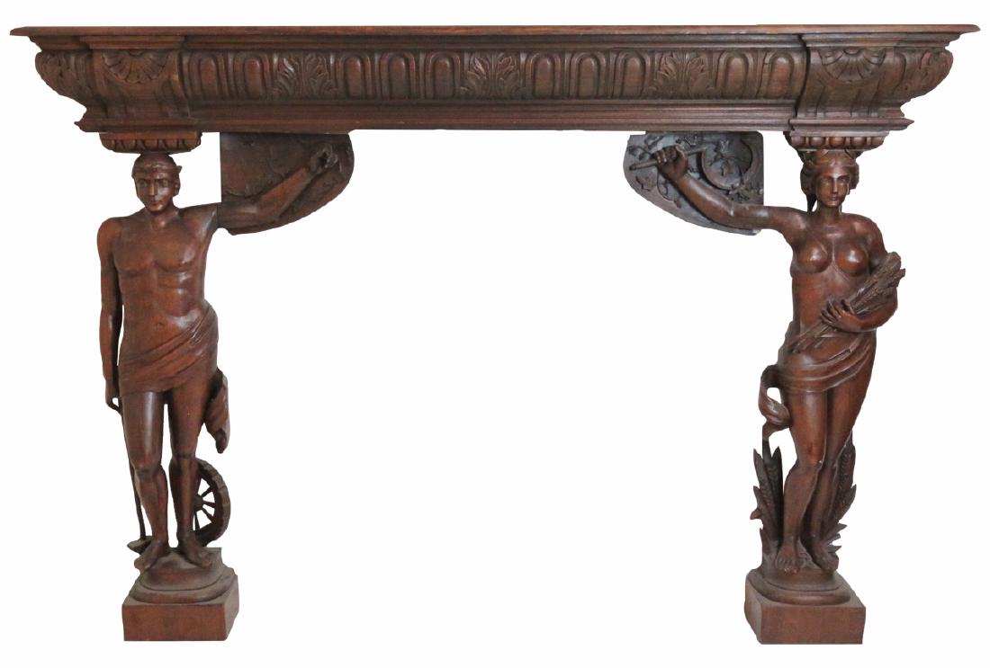 RARE WALNUT FIGURAL CARVED MANTLE (1 of 13)