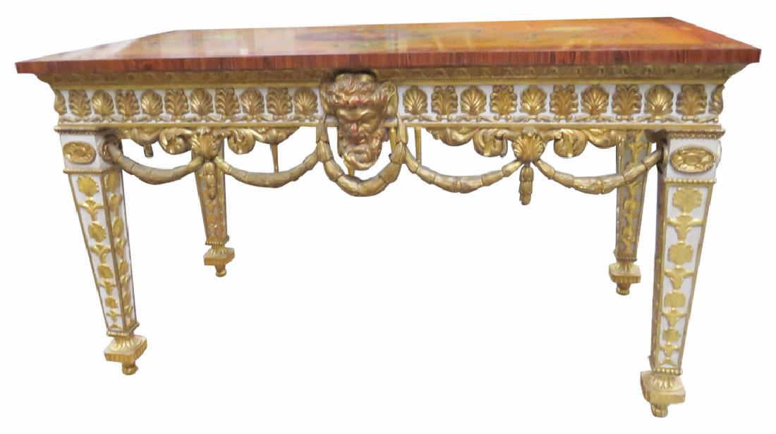 ROBERT ADAMS STYLE INLAID PAINTED & GILT CONSOLE: Paint decorated top with allegorical scene and flowers. Cream painted and gilt frame with face of Roman man. 37 1/2"h. x 66"w. x 34 3/4"d.