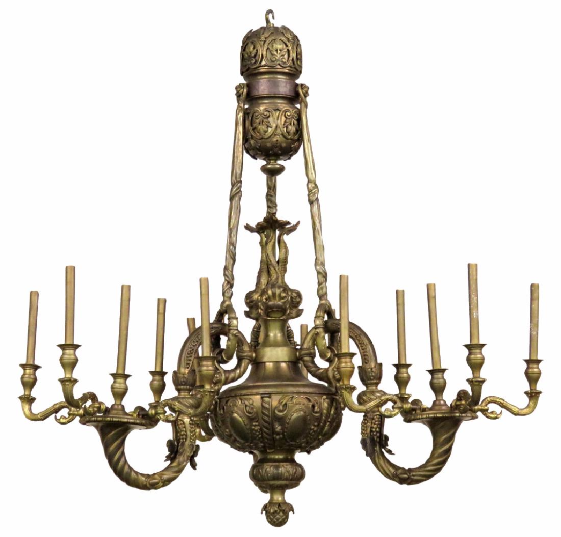 19th c. ANTIQUE FRENCH BRONZE CHANDELIER w/ DOLPHINS (1 of 8)