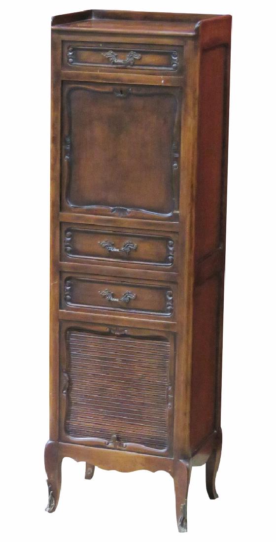 ANTIQUE DIMINUTIVE WALNUT ABBATANT: Walnut frame. Drop down leather top. 45"h. x 13 1/2"w. x 10"d.