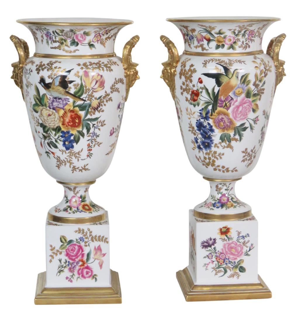 Pair CERAMIC & GILT FIGURAL FLORAL PAINTED URNS (1 of 5)