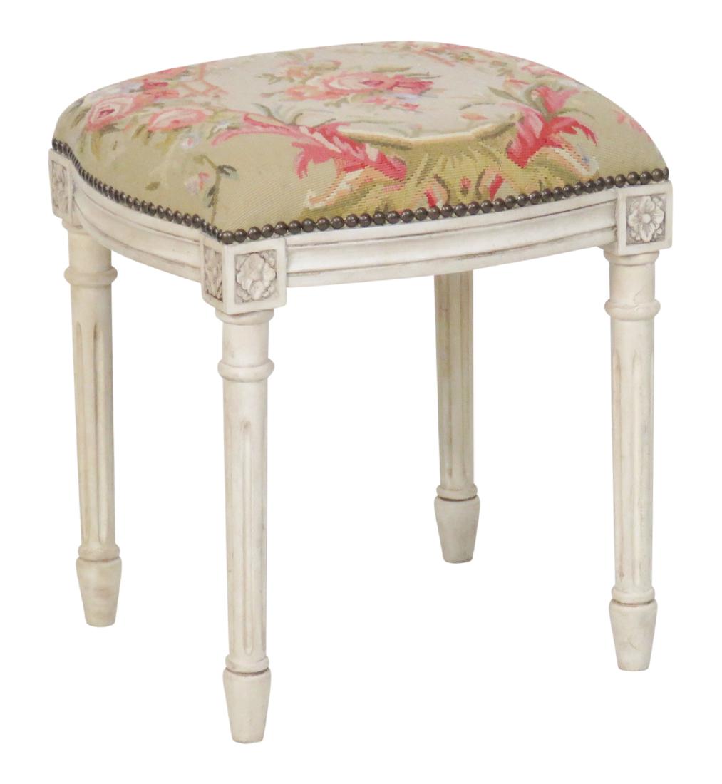 LOUIS XVI STYLE DISTRESSED PAINTED NEEDLEPOINT STOOL (1 of 3)