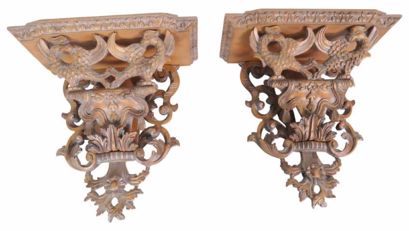 Pair DECORATIVE CARVED SHELVES w/ GRIFFINS (1 of 3)